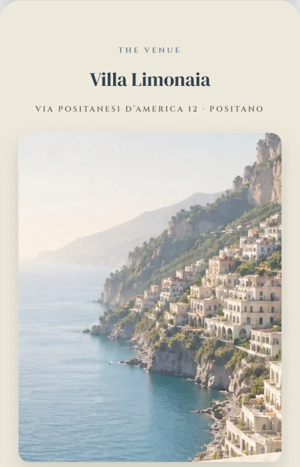 The venue section of the Amalfi invitation: Villa Limonaia in Positano, with a photograph of the cliffside town over the sea.