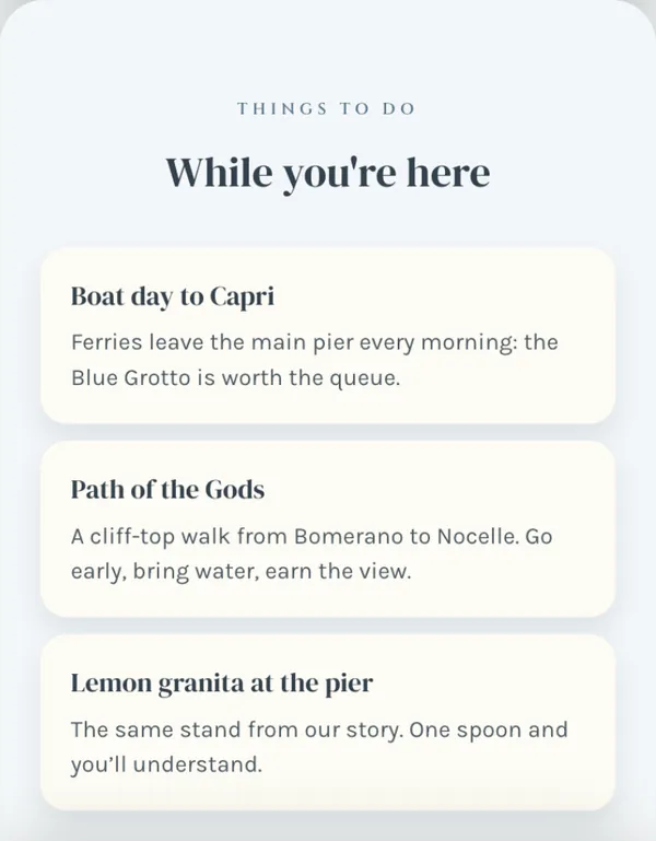 Things to do on the Amalfi invitation: a boat day to Capri, the Path of the Gods, and lemon granita at the pier.