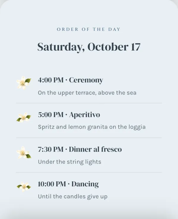 The order of the day on the Amalfi invitation: ceremony, aperitivo, dinner al fresco and dancing, each with a time and a note.