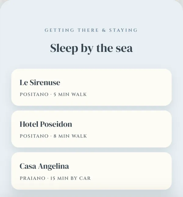 Getting there and staying on the Amalfi invitation: three hotels, each with its town and the walk or drive to the venue.
