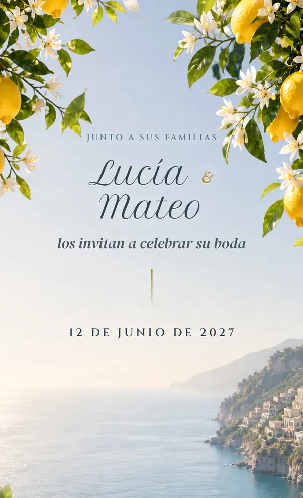 The Amalfi invitation in Spanish: Lucía y Mateo los invitan a celebrar su boda, 12 de junio de 2027.