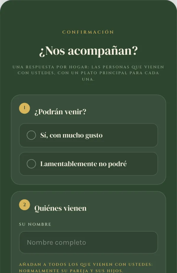 The reply form on the Amalfi invitation in Spanish: ¿Nos acompañan?, ¿Podrán venir?, Sí, con mucho gusto.