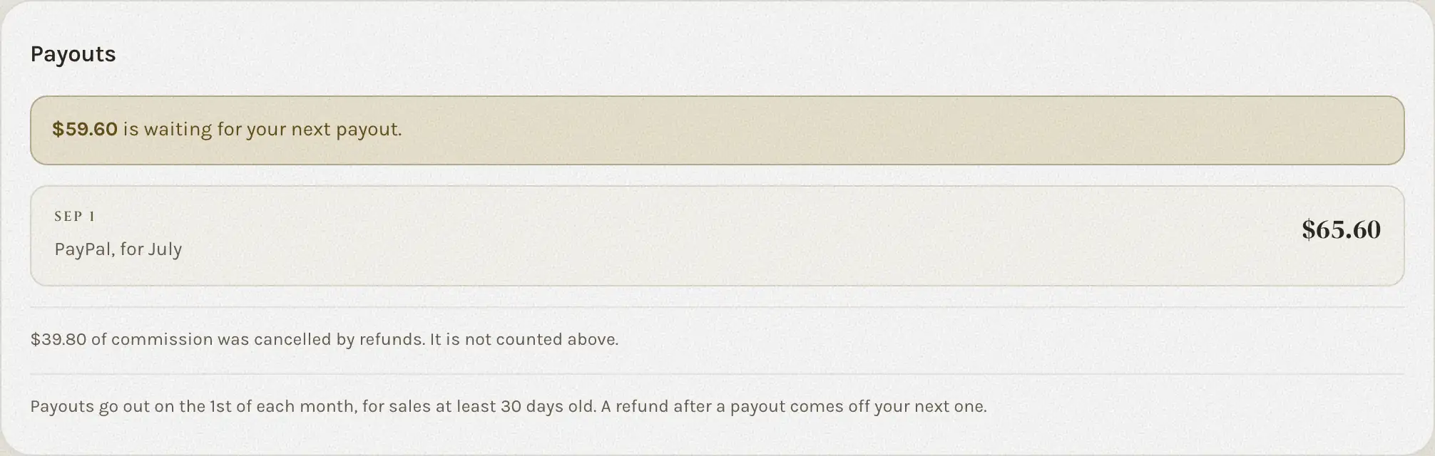The payouts card on a sample partner board: $59.60 waiting for the next payout and one payout of $65.60 on September 1.