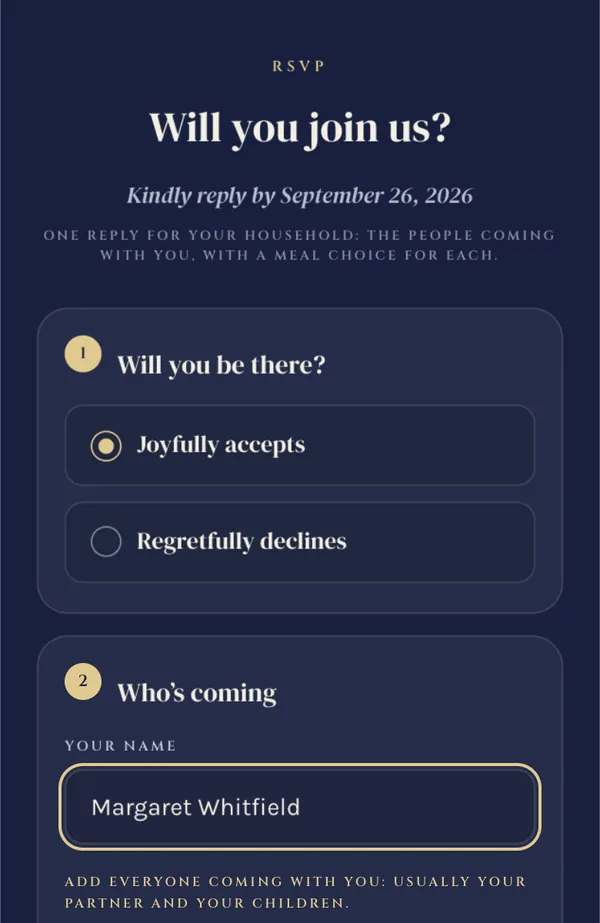 The reply form on the Firefly invitation in midnight blue, with the same questions.