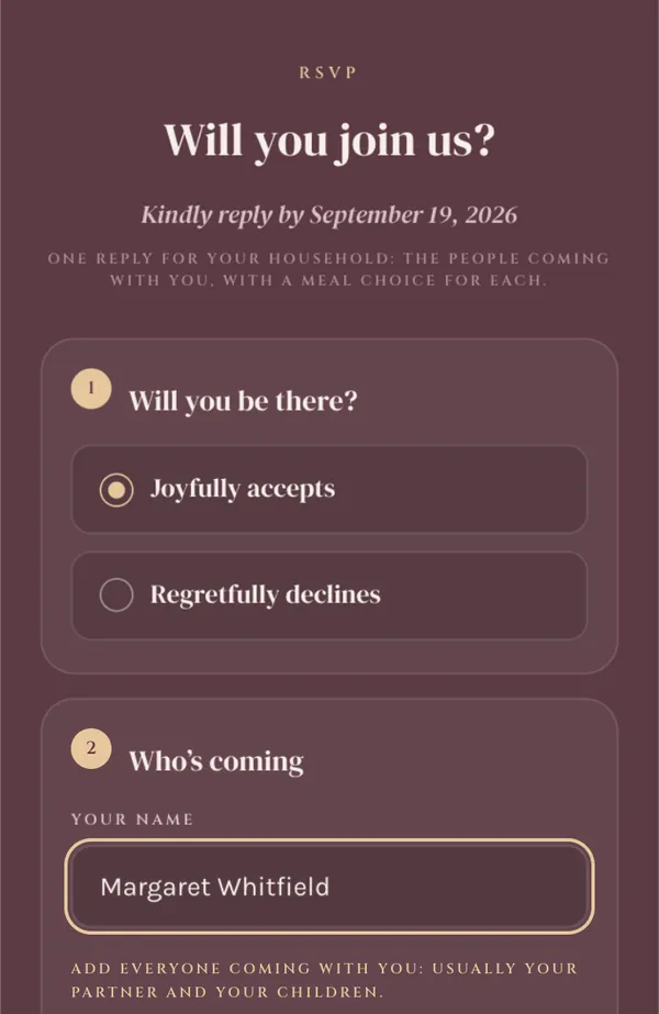 The reply form on the Peony invitation: Will you join us, a reply-by date, Joyfully accepts selected, and the guest's name filled in.