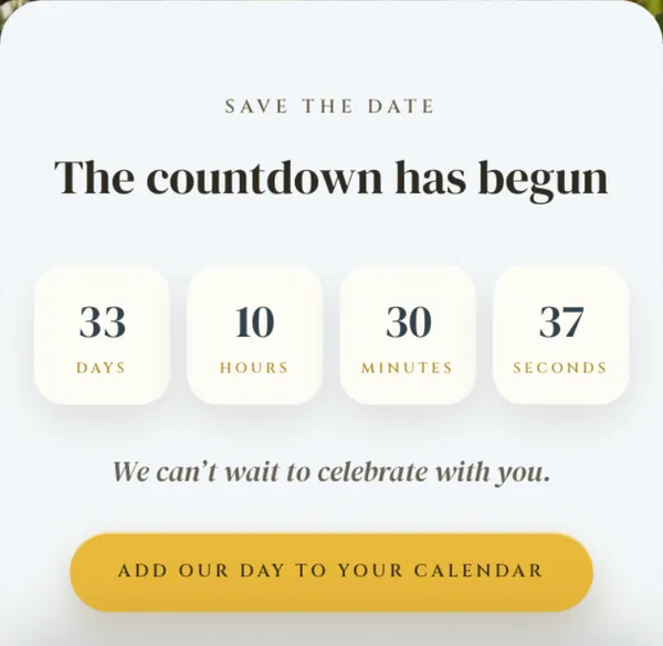 The countdown on the Amalfi save the date, in days, hours, minutes and seconds, with a button to add the day to the calendar.