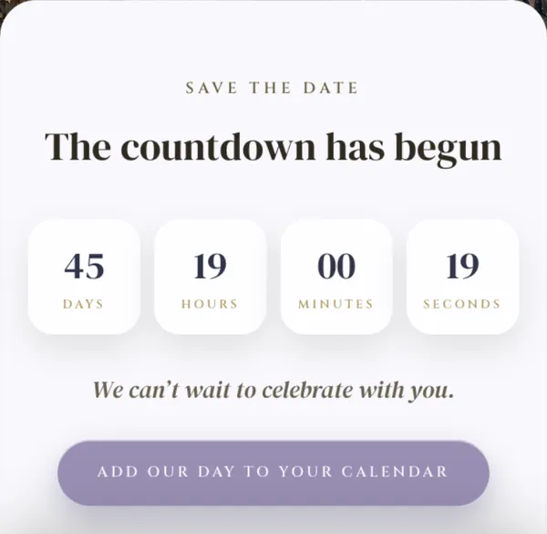 The countdown on the Belvedere save the date, with a lilac add-to-calendar button.