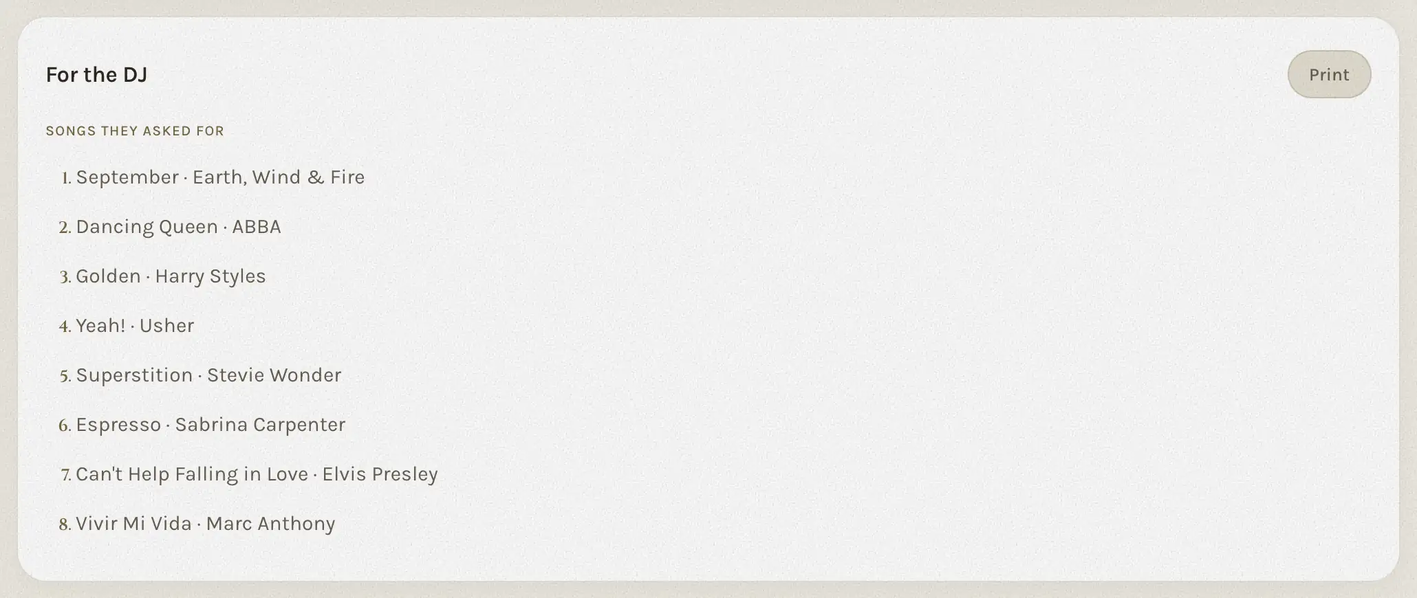The DJ card: every song the guests asked for, numbered, with a Print button.