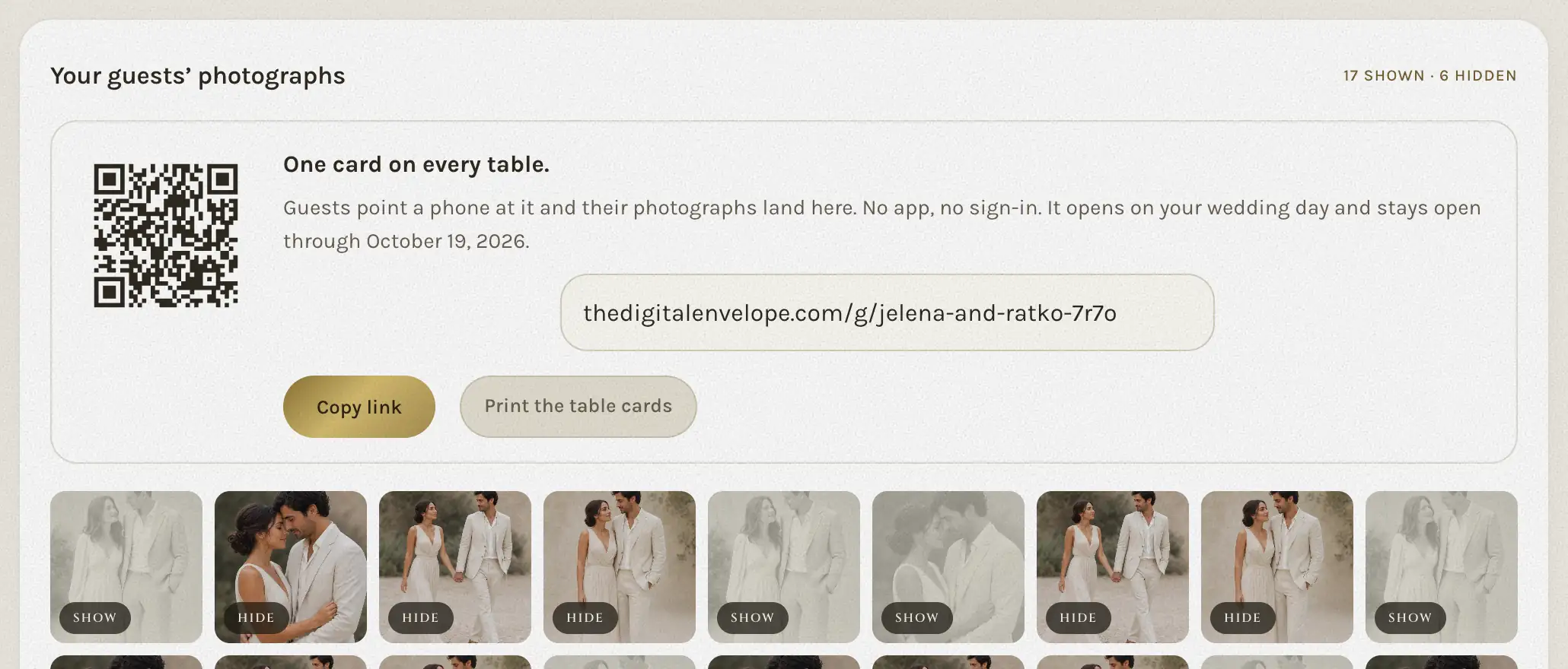 The photo album card: the QR code for tables, the album link, and the photographs guests sent.