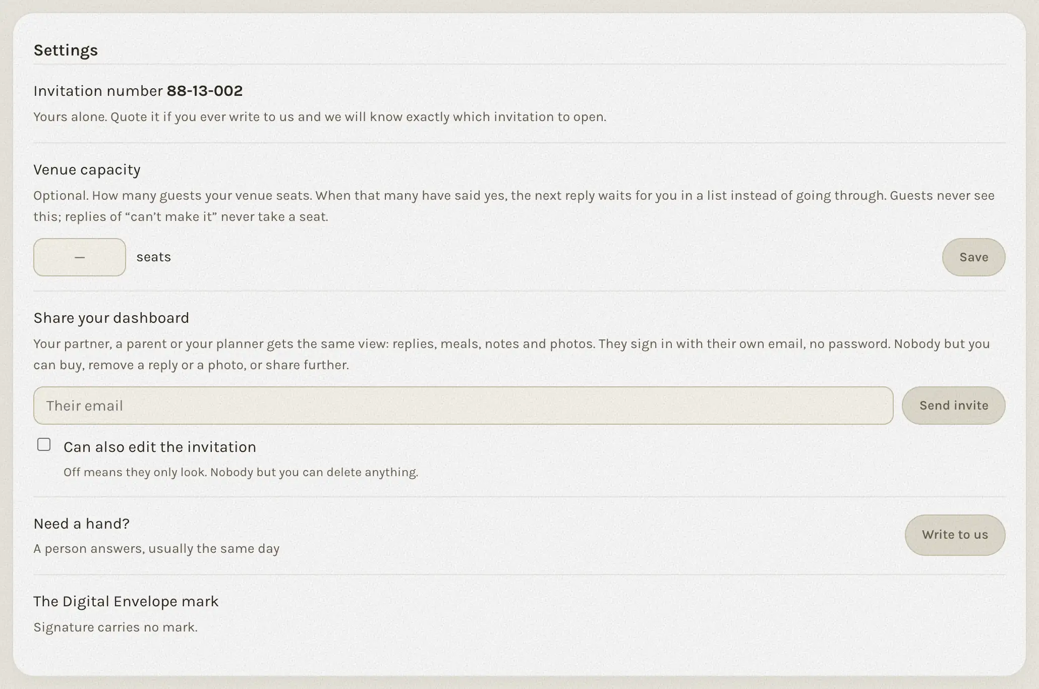 The settings card: invitation number, venue capacity, sharing, and a button to write to us.