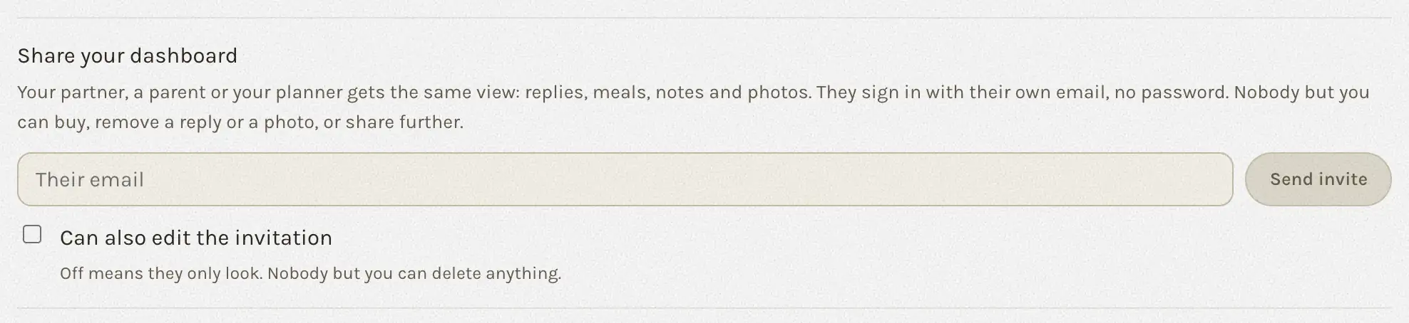 The sharing block in Settings: an email field, a switch that allows editing, and who has been invited.