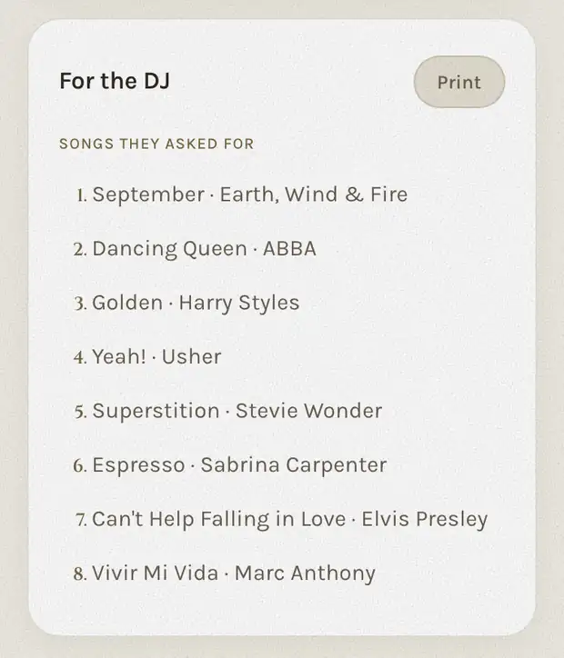 The DJ page of the dashboard: every song the guests asked for, numbered, with a button to print the list.