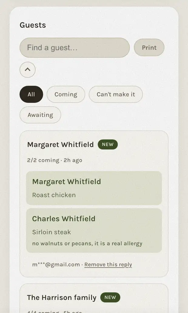 The guest list on the dashboard: one household replied for two people, with each person's meal and one allergy written underneath.