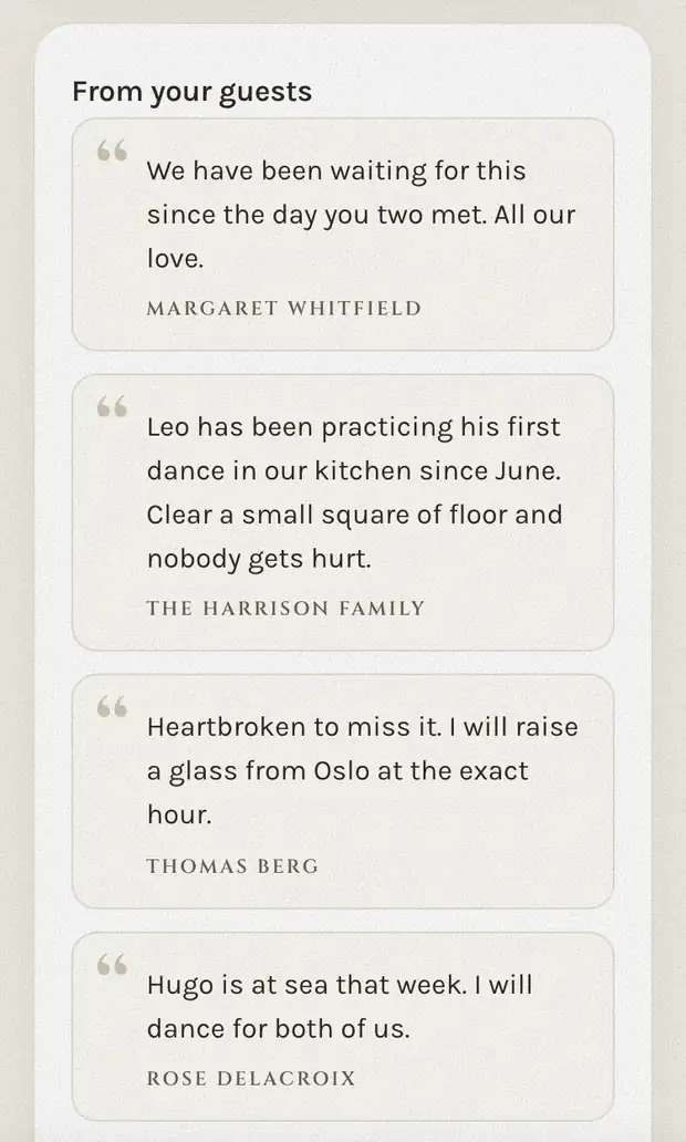 Messages guests left for the couple, each one on its own card and signed with the household name.