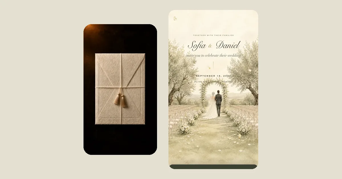 The Aisle invitation, first screen: two names in serif type on cream paper.