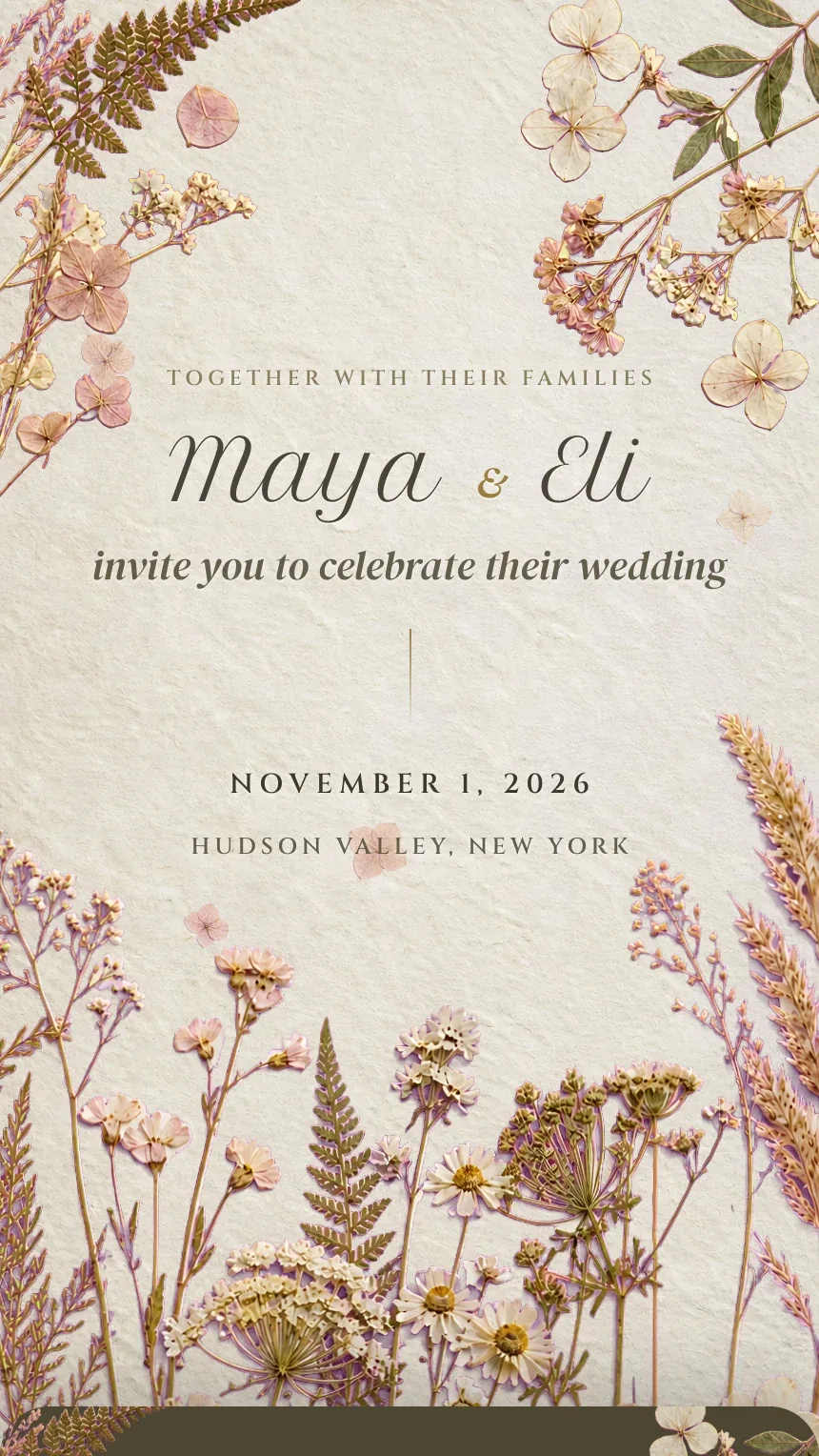Herbarium digital wedding invitation: Pressed flowers on handmade paper, a keepsake garden.