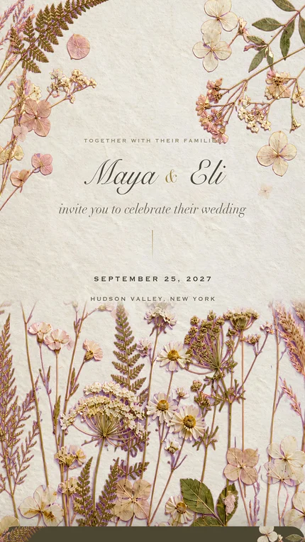 The Herbarium invitation: pressed ferns, hydrangea petals and wildflowers in dusty pink and gold on cream handmade paper, the couple's names in script in the middle.
