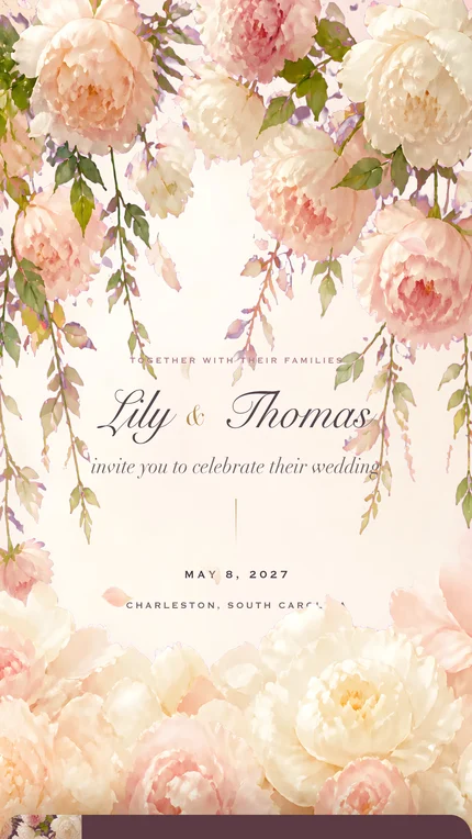 Peony digital wedding invitation: Blush watercolor blooms, falling petal by petal.