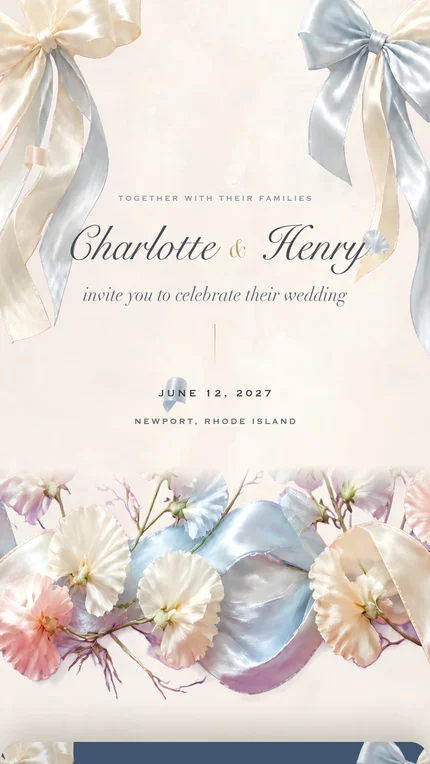 The Ribbon invitation: cream and pale blue silk bows above a band of ribbon and pastel carnations, the couple's names in script.
