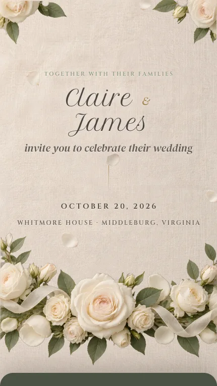 Rosebud digital wedding invitation: A white rose bud that blooms as the envelope opens, over a garland of roses on linen.
