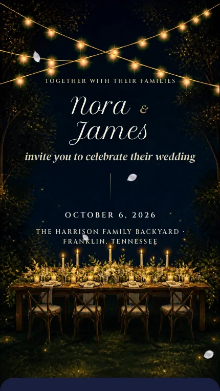 Firefly digital wedding invitation: A backyard supper under swaying string lights: candles, fireflies and one long table on the lawn.