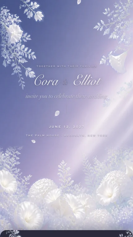 Moonflower digital wedding invitation: Silver dusk and white blooms that glow from within, a Brooklyn glasshouse at blue hour.