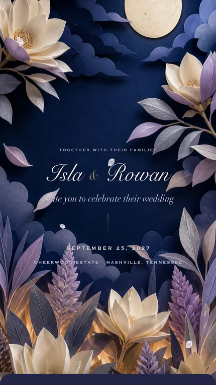 Nightbloom digital wedding invitation: Oversized paper magnolias under a paper moon, a garden after the sun goes down.