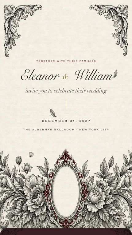 Bordeaux digital wedding invitation: Fine black engraving on ivory with a burgundy medallion, a New Year's Eve ballroom in New York.