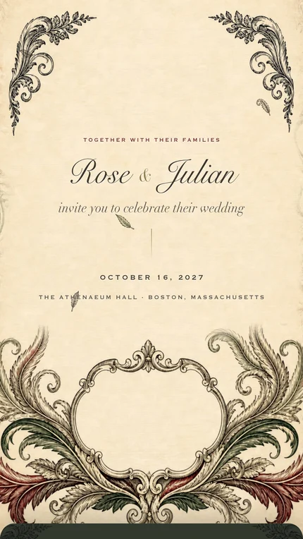 Library digital wedding invitation: Bookplate feathers and marbled edges, married among the stacks in Boston.
