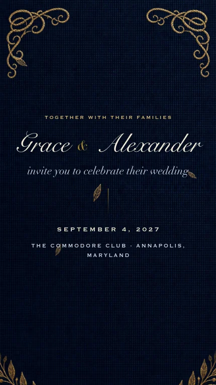 Mayfair digital wedding invitation: Antique gold on deep navy, dinner at the club by the water, flags at sunset.