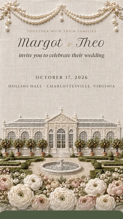 Orangerie digital wedding invitation: A white glass orangery, potted orange trees and a fountain, all in raised embroidery under a swag of pearls.
