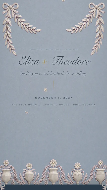 Wedgwood digital wedding invitation: Powder-blue jasperware with white relief laurel and urns, a blue room in Philadelphia.