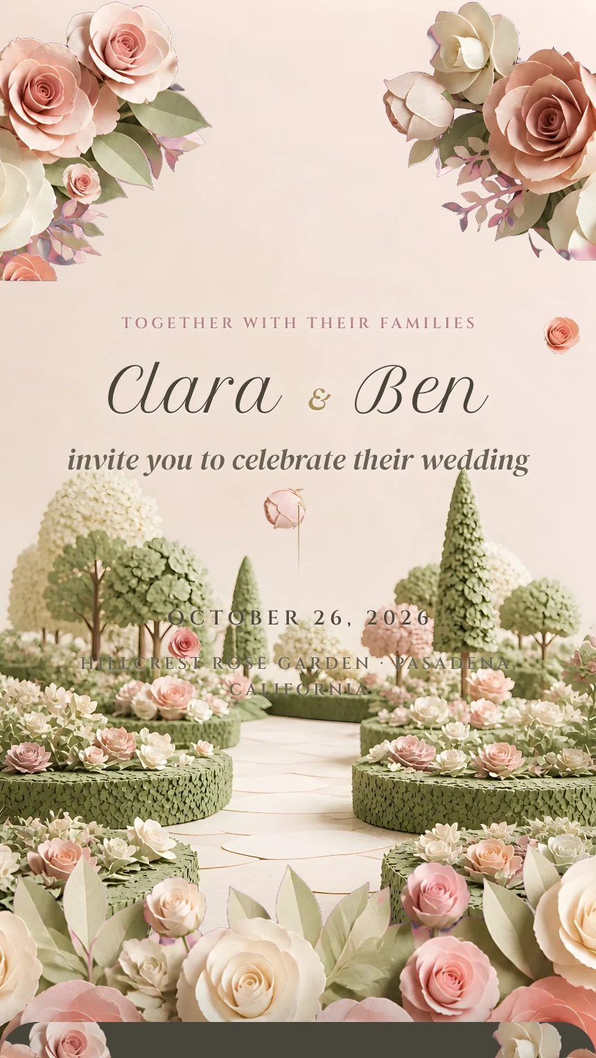 Arbour digital wedding invitation: An arch of paper roses over a garden path that recedes for miles.