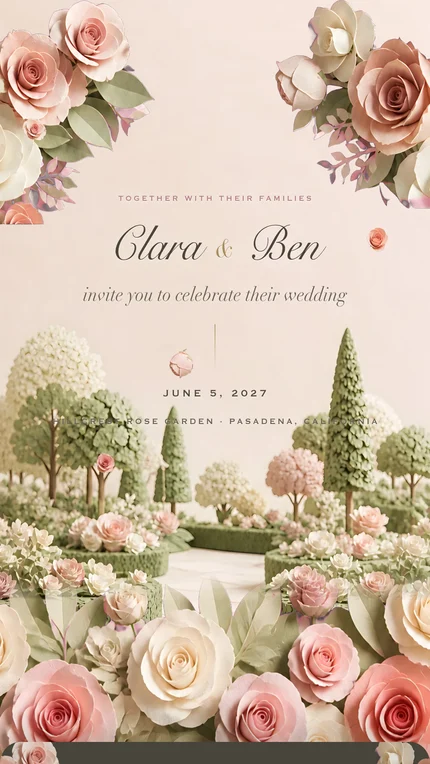 The Arbour invitation: cut-paper roses in blush and cream framing a paper garden of clipped trees and hedges, the names Clara and Ben in script above the date.