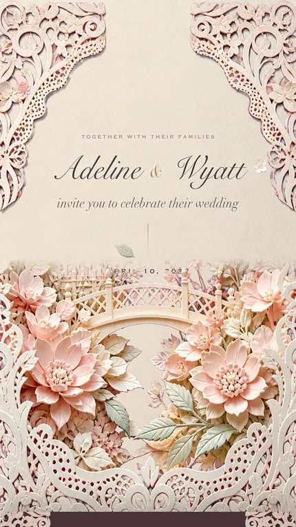 Lace digital wedding invitation: A cut-paper lace window opening onto a paper garden.