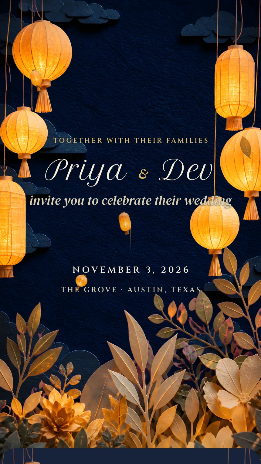Lantern digital wedding invitation: Deep blue paper night, warm lanterns on paper threads.