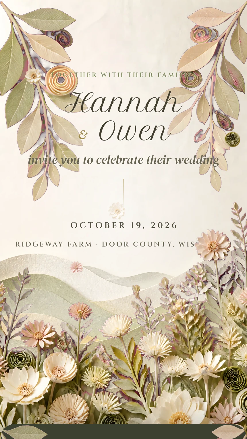 Meadow digital wedding invitation: Layered paper hills and a meadow of quilled wildflowers.