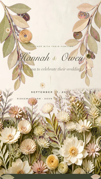 The Meadow invitation: quilled paper wildflowers and leaves in cream, sage and blush, for a wedding in a park.