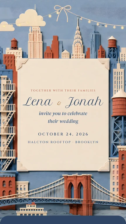Metro digital wedding invitation: New York cut from paper: a postcard held by four corners, the skyline above, the bridge below.