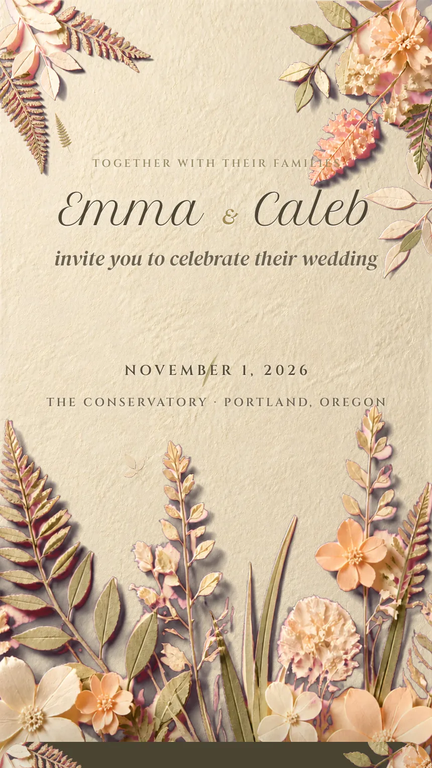Pressed digital wedding invitation: Pressed paper ferns and blossoms on warm handmade paper.