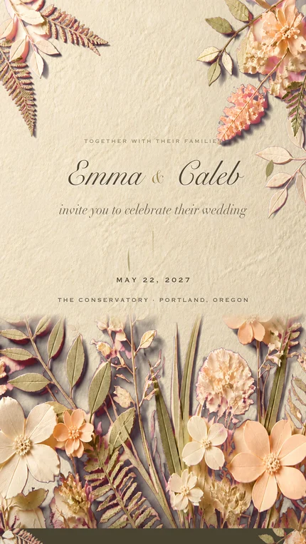 The Pressed invitation: pressed ferns and peach flowers laid on textured cream paper around the names Emma and Caleb, May 22, 2027, The Conservatory, Portland, Oregon.