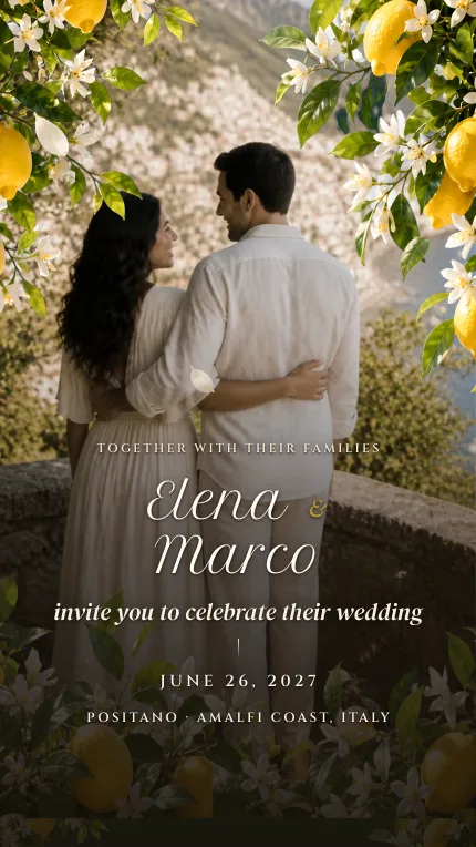The same first screen, with the couple's own photograph instead