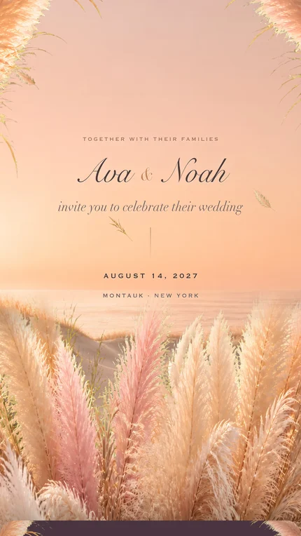 Dune digital wedding invitation: Pampas plumes and blush dusk over quiet dunes, soft, coastal, warm.