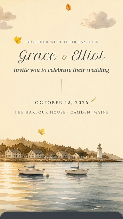 Harbour digital wedding invitation: Painted sails on quiet water, a white lighthouse and warm evening light.