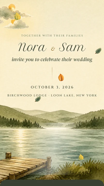 Lakehouse digital wedding invitation: A watercolour lake at golden hour, a cedar dock and leaves drifting past.