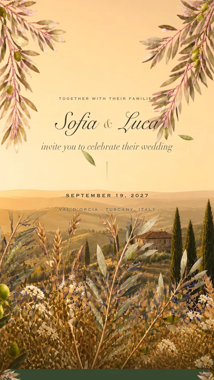 Olive digital wedding invitation: A Tuscan hillside at golden hour, olive branches sway and leaves drift as you read.