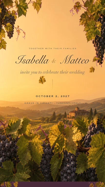 Vineyard digital wedding invitation: Harvest light in Chianti, hanging vines, dark grapes, amber hills.