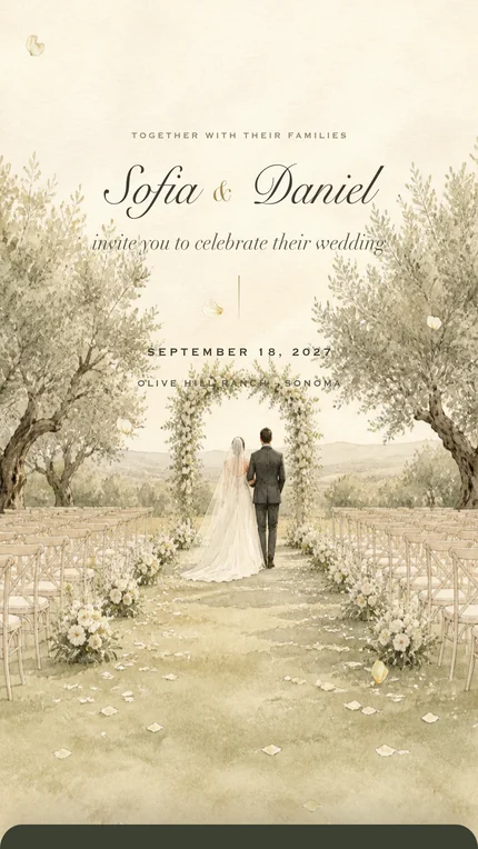 Aisle digital wedding invitation: An olive hill in Sonoma, painted in watercolour: chairs waiting, petals in the grass.
