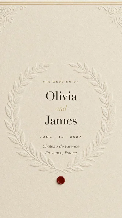 Monogram digital wedding invitation: Ivory silk, gold foil and a pressed monogram: tradition with a steady hand.