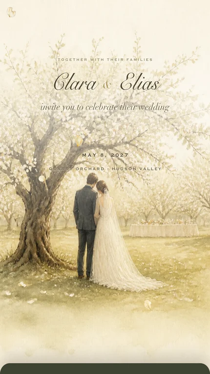 Orchard digital wedding invitation: A single old tree in blossom, ten days a year: the softest thing we make.